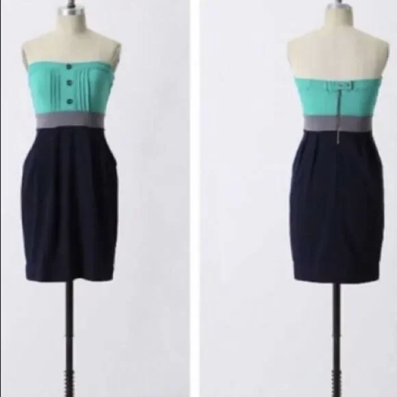 Anthropologie | Dresses | Ric Rac Anthropologie Strapless Dress S 4 6  Colorblock Green Blue Knit Stretch | Poshmark
